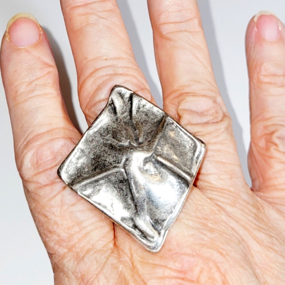 Ring, Adjustable Metal Pewter-like Wrinkled Statement Piece, New